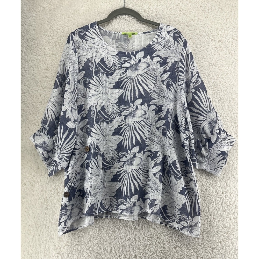 Trisha Tyler Blouse Women's Size XL Floral Blue Lagenlook Artsy Beachy Coastal